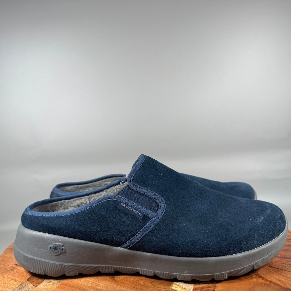 Skechers GoWalk Joy Suede Faux Fur Mules Navy Blue Goga Max Slip On Shoes 10W